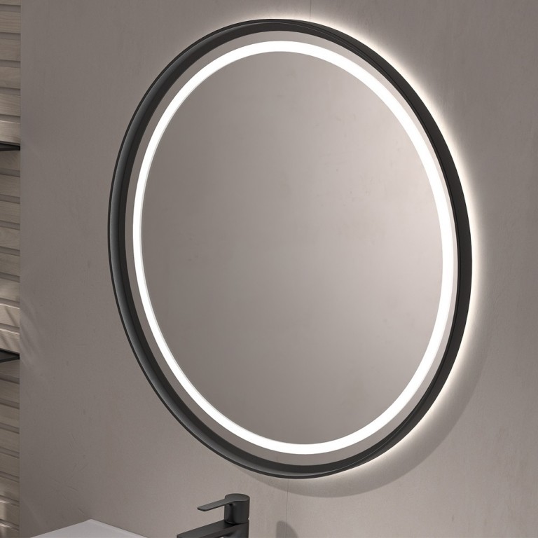 Espejo Redondo Con Luz LED Marco Negro