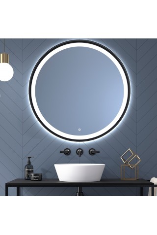 Espejo Redondo De Baño Con Luz y Marco Metálico Negro