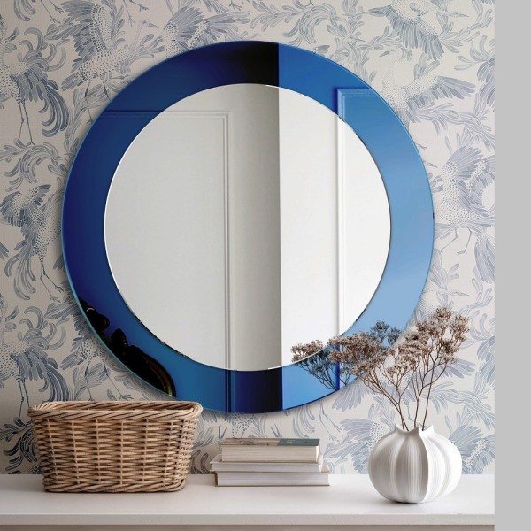 Specchio Rotondo Con Cornice In Vetro Blu
