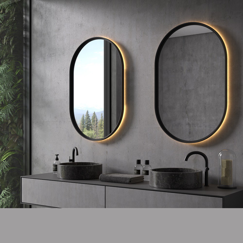 Specchio da bagno 8144B ovale - colore cornice nero - verticale e  orizzontale - dimensioni selezionabili