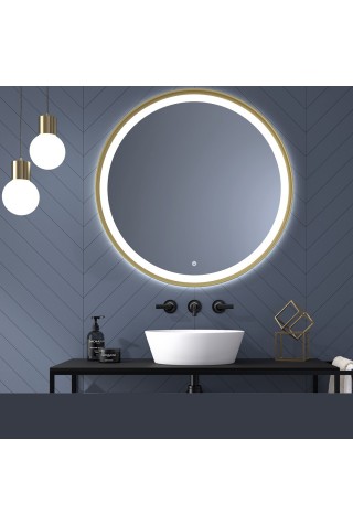 Espejo Redondo De Baño Con Luz y Marco Metálico Dorado