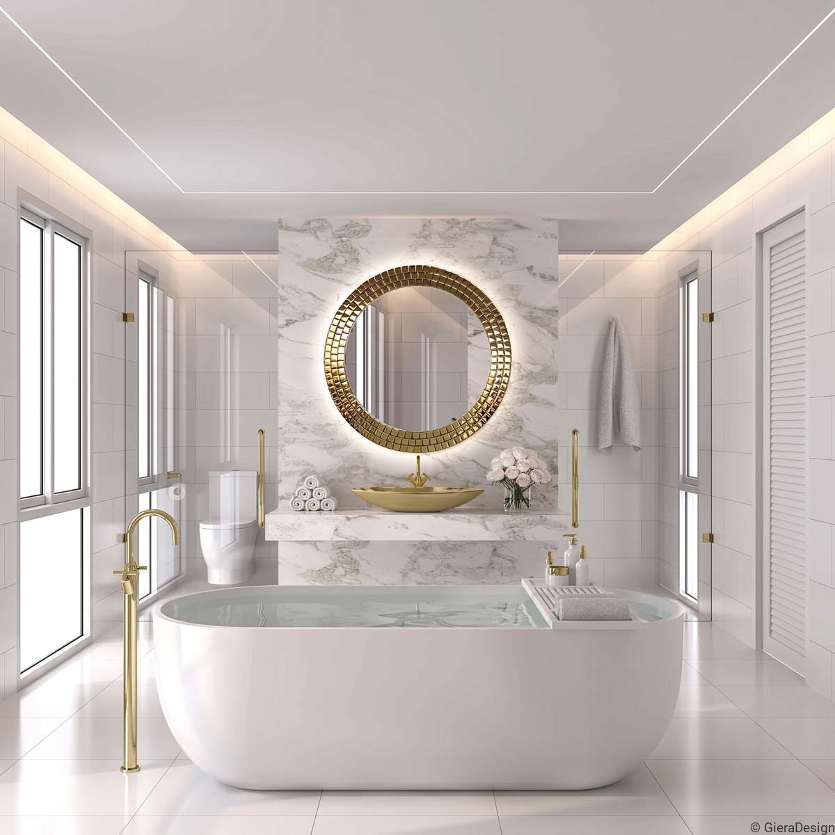 Espejo redondo LED de baño de oro rosa de 20 pulgadas, marco dorado rosa,  espejo redondo iluminado para pared de baño, espejo de tocador redondo con