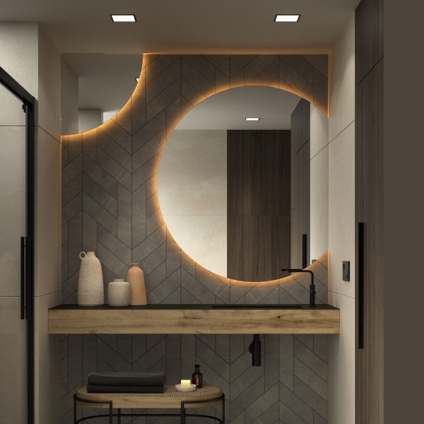 Espejo de maquillaje semicircular con Bluetooth para baño, luz LED