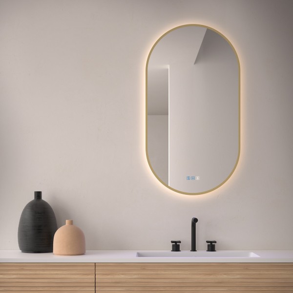 Espejo Ovalado Retroiluminado Para Baño Contorno Dorado