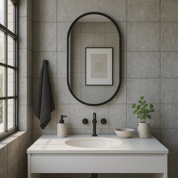 Espejo Ovalado Sin Luz Marco Negro Baño Minimalista