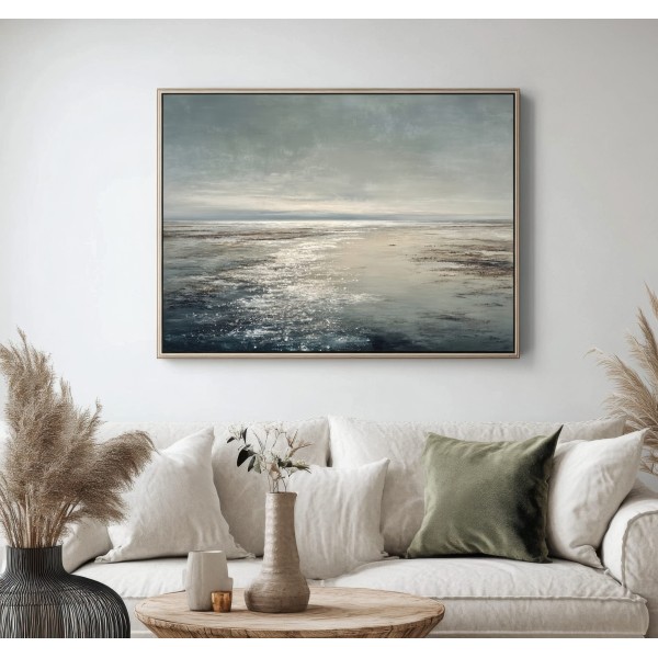 Cuadro Abstracto Horizonte Marino – Tonos Azules, Grises Y Arena