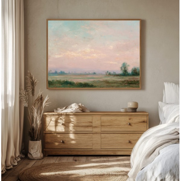 Cuadro Paisaje Pastel Al Amanecer – Tonos Rosas, Verde Y Azul Suave