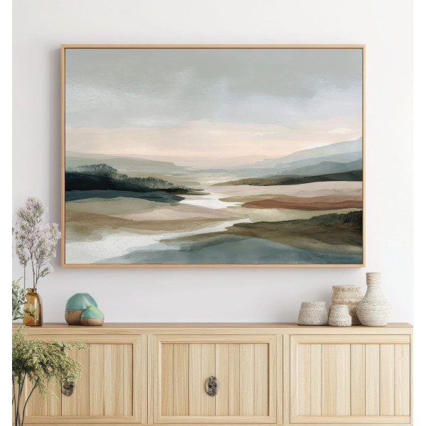 Cuadro Abstracto Paisaje De Montañas En Tonos Tierra Y Grises Suaves