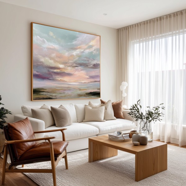 Cuadro Abstracto de Paisaje Etéreo en Tonos Pastel y Neutros