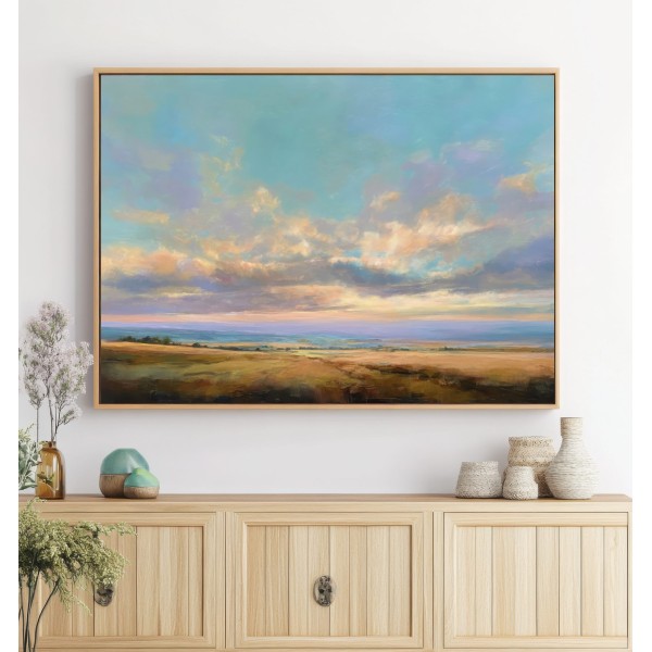 Cuadro Abstracto de Paisaje Abierto con Cielo Luminoso y Tonos Pastel