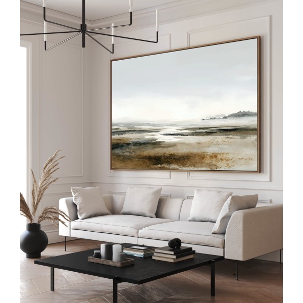 Cuadro Abstracto Minimalista de Paisaje en Tonos Arena y Grises