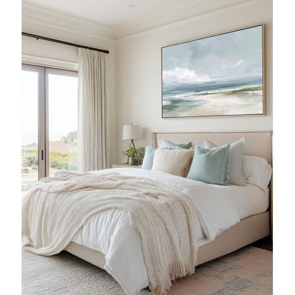 Cuadro Para Dormitorio Paisaje Costero en Tonos Azules y Arena