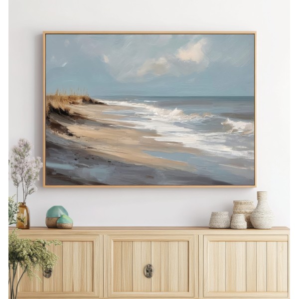 Cuadro de Playa Abstracto en Tonos Arena y Azul Claro