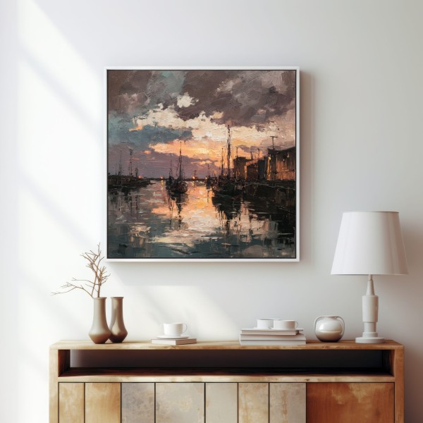 Cuadro Puerto al Atardecer – Pintura al Óleo de Barcos y Reflejos