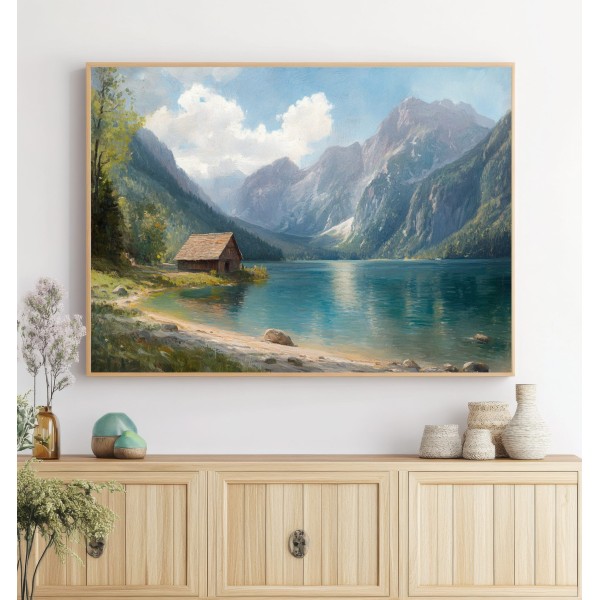 Cuadro Lago de Montaña Paisaje Natural con Cabaña y Montañas