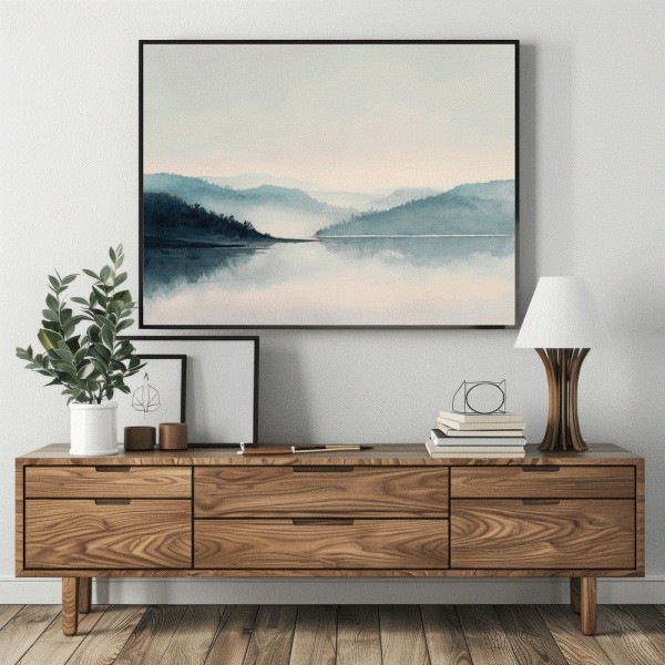 Cuadro Paisaje Tranquilo en Acuarela en Tonos Suaves y Neblina