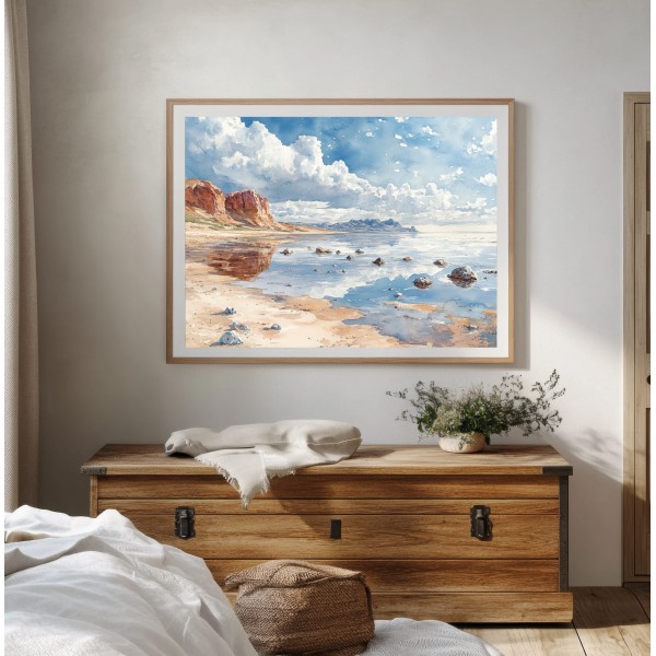 Cuadro Playa en Acuarela Paisaje Costero con Rocas y Cielo Azul