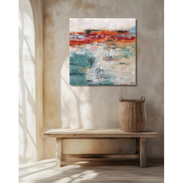 Cuadro Grande Salón Moderno en Tonos Tierra, Rojo y Turquesa