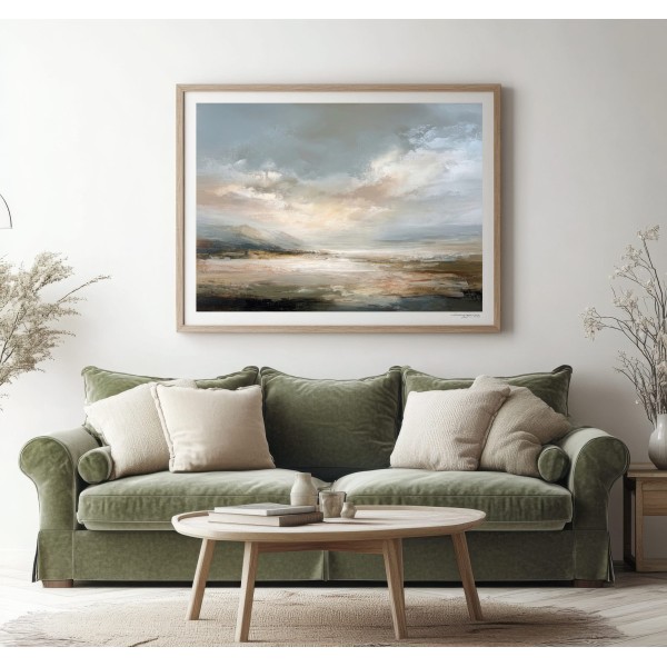 Cuadro Grande Paisaje Moderno En Beige Y Azul Gris