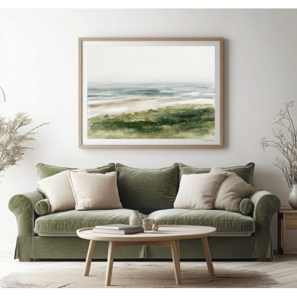 Cuadro Acuarela Paisaje Marino Verde Minimalista