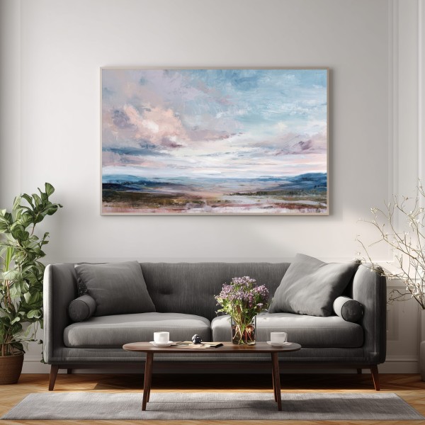 Cuadro Salón Grande Paisaje Pastel En Azul Y Rosa Moderno