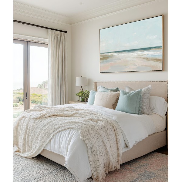 Cuadro Para Dormitorio Moderno Playa Azul Claro y Beige