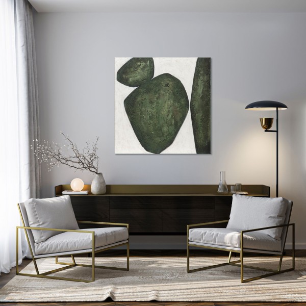 Cuadro Abstracto Para Salón En Verde Oliva Con Textura Pebble